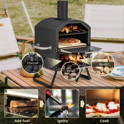 16 Inch Steel Woodfired Pizza Oven BBQ with Stone Peel and Removable Cooking Rack