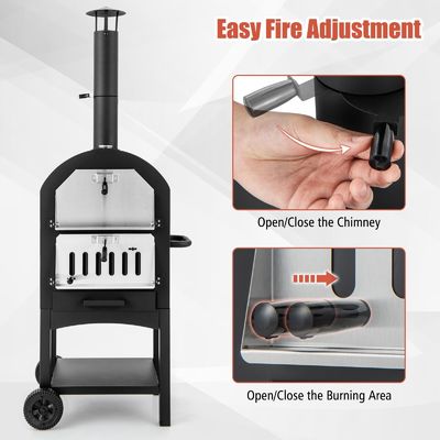 Outdoor Woodfired Charcoal Pizza Maker Trolley Grill with Pizza Stone and Waterproof Cover